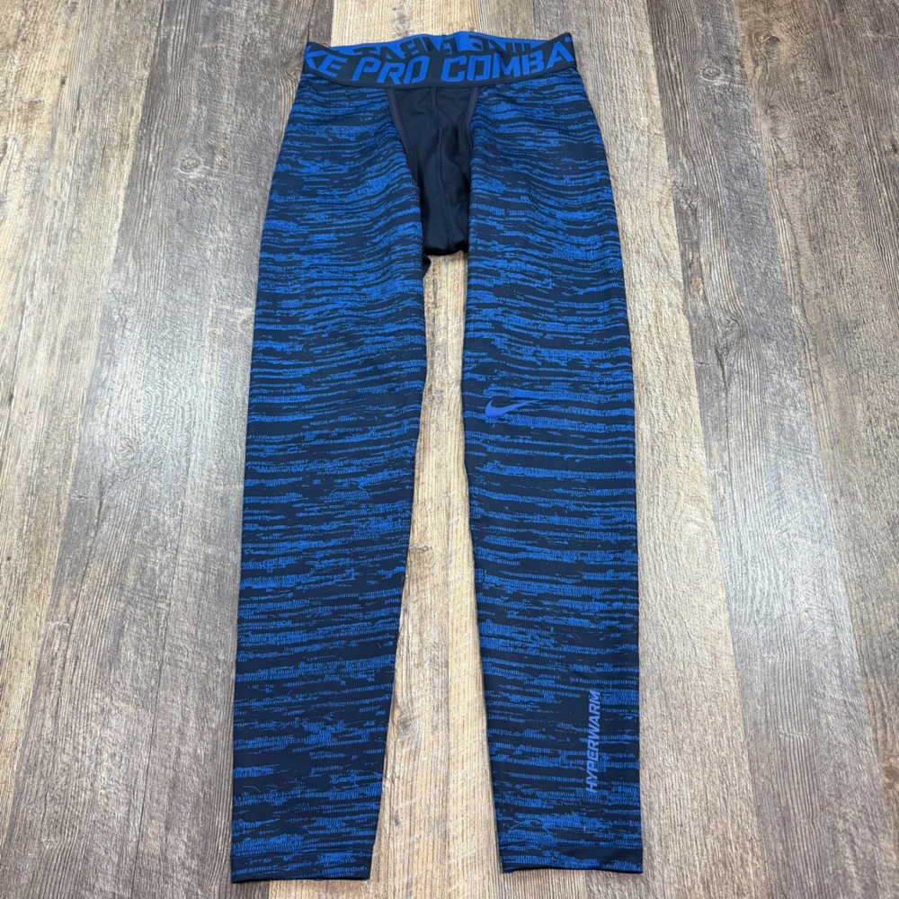 Nike Pro Combat Hyperwarm Tights Men Large Blue Black Digital Glitch Compression